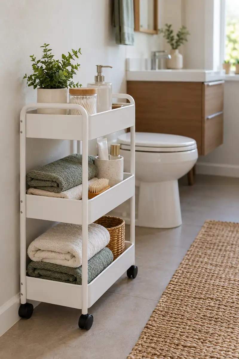 Narrow white three-tier rolling bathroom cart beside a dry wall, towels and toiletries inside rails, clear aisle.
