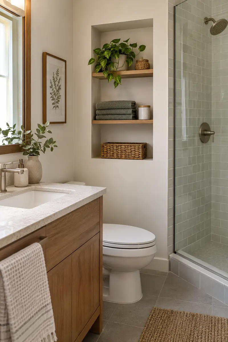 Small bathroom dry wall with a finished recessed niche containing folded hand towels, away from shower spray.