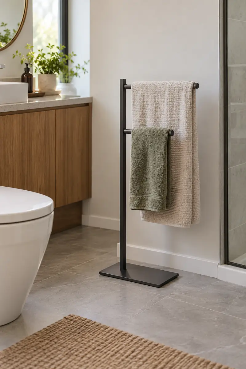Compact freestanding slim metal towel stand on a dry bathroom wall with two towels hanging separately, stable wide base and clear floor route.