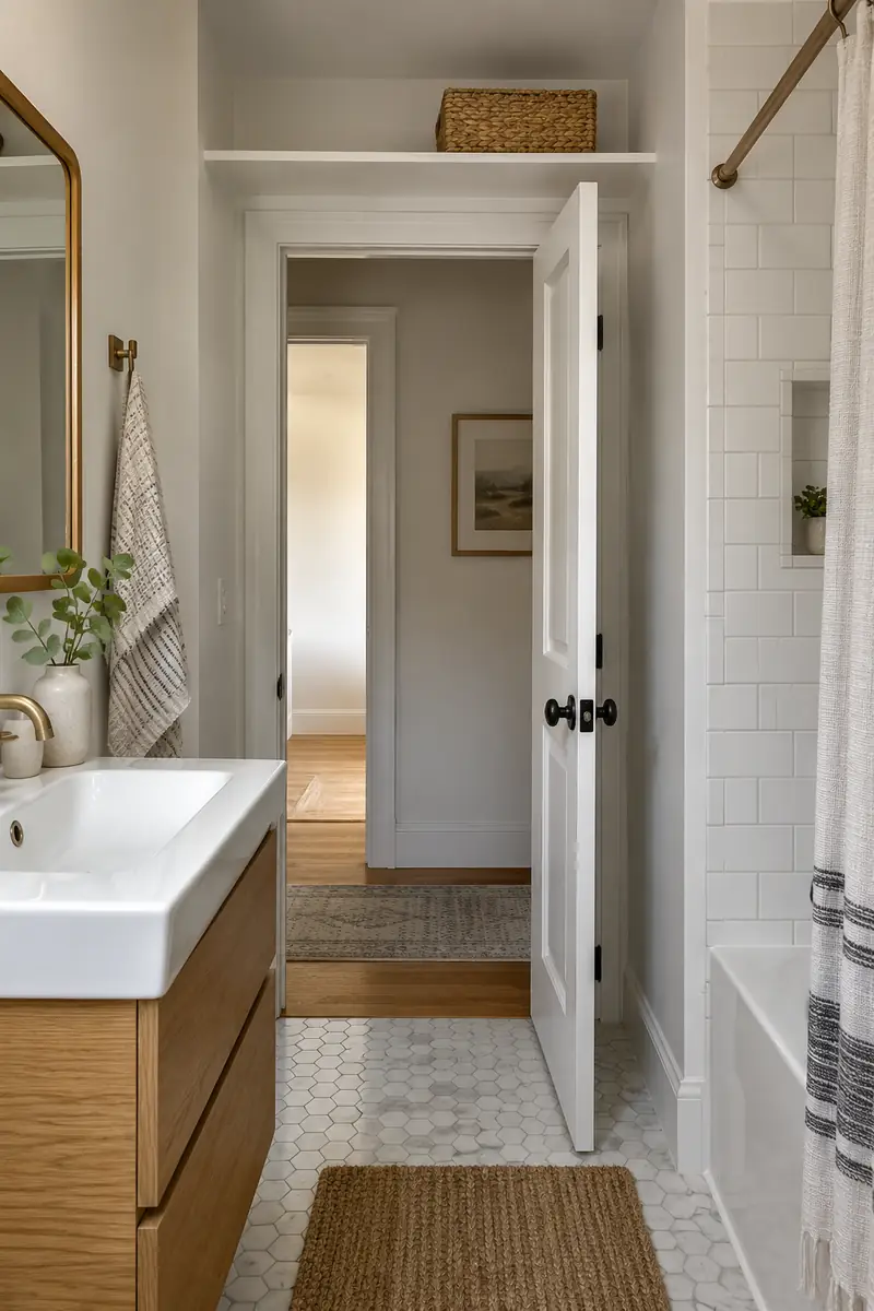 Small bathroom with shallow shelf above door holding one light closed basket, door frame and opening unobstructed.