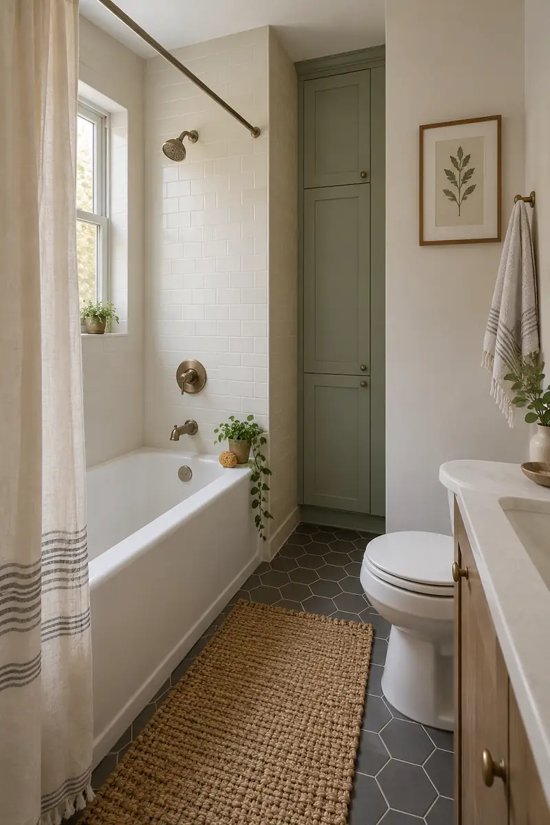 Small bathtub bathroom with narrow closed cabinet in dry recess beyond tub end, no interference with tub access.