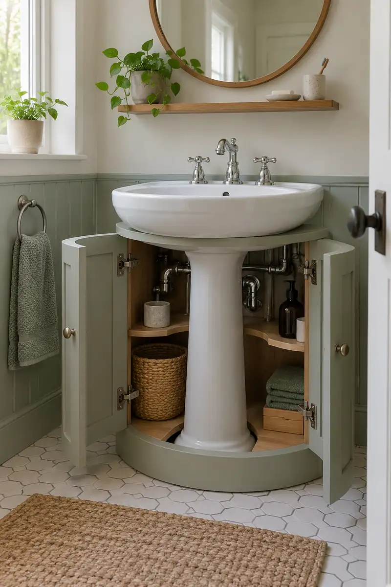 Pedestal basin with a purpose-made curved freestanding cabinet surrounding the pedestal, doors open and plumbing access visible.