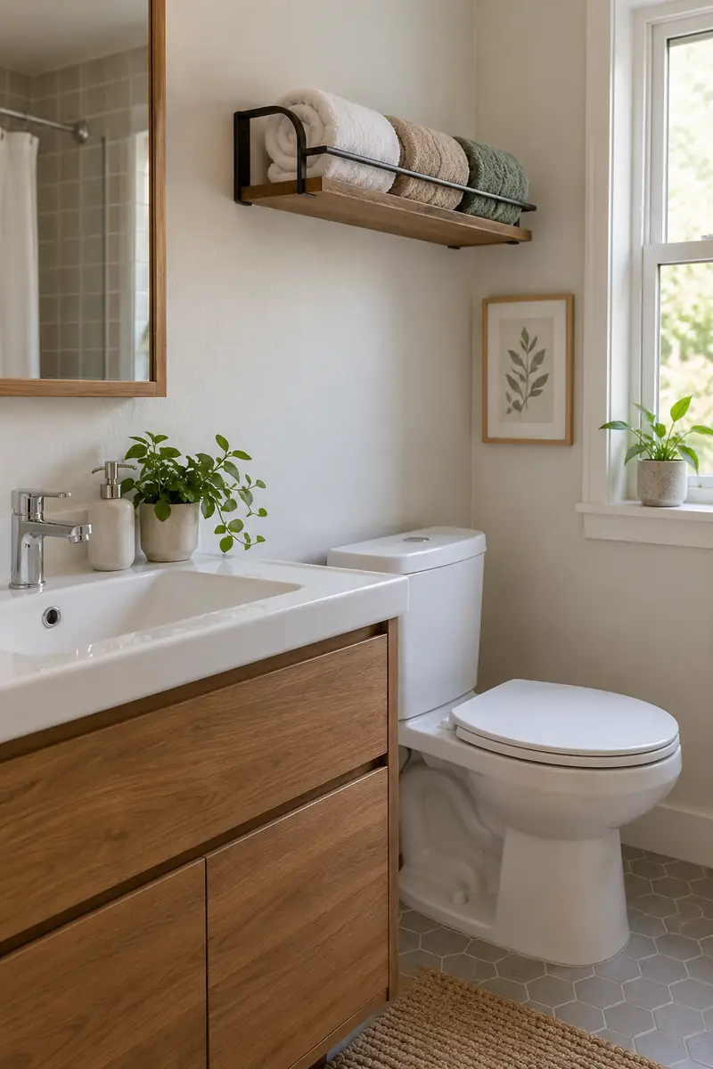 Dry bathroom wall with compact mounted towel shelf holding three loosely rolled towels behind a retaining rail.