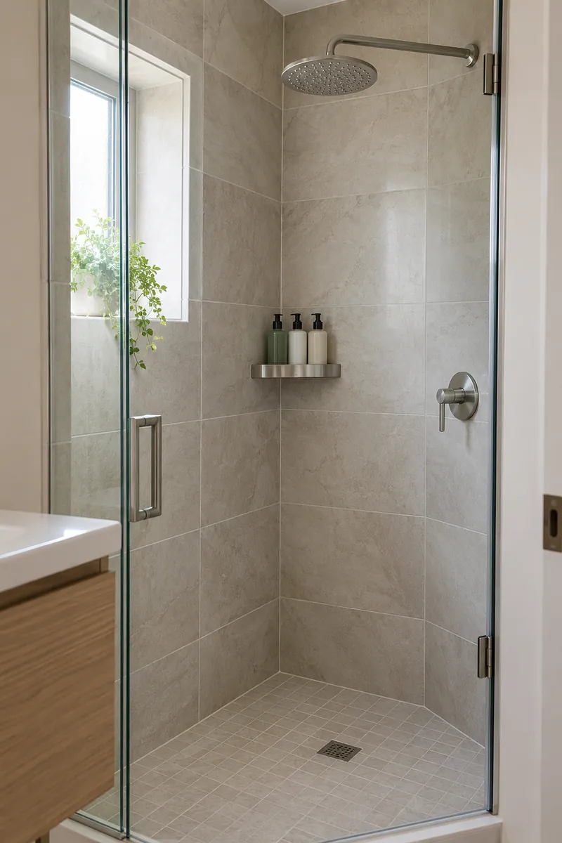 Small shower with purpose-made corner caddy holding three shampoo bottles, clear floor and no hanging items on shower fittings.