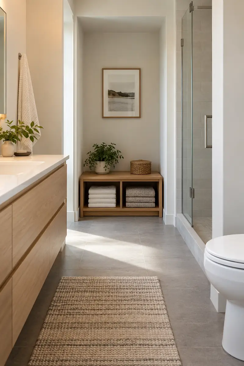 Small bathroom with compact low storage bench in a genuinely open dry alcove, folded towels inside cubby, broad clear passage.