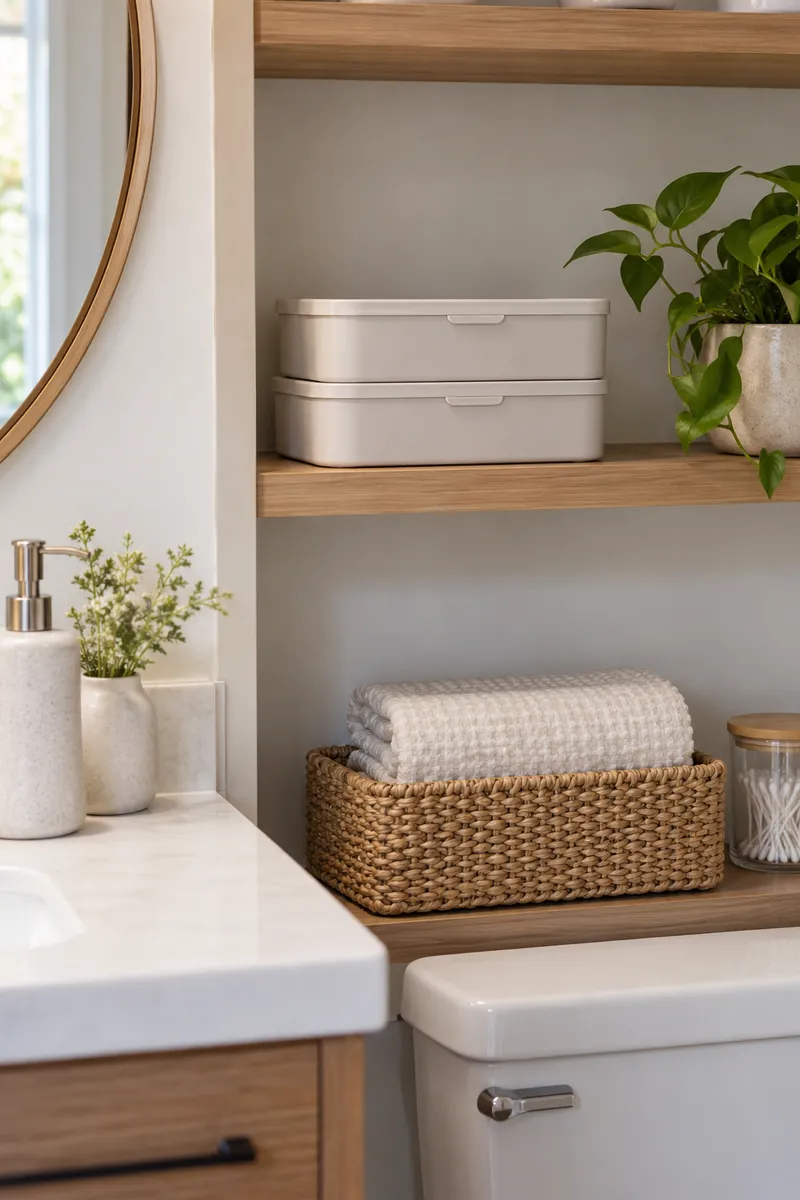 Two shallow matching lidded plastic storage boxes stacked securely on a dry bathroom shelf, no objects piled above.