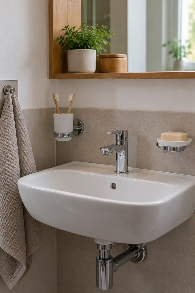 Small bathroom sink with wall-mounted toothbrush cup and soap dish, clear basin ledge below, tidy simple fittings.