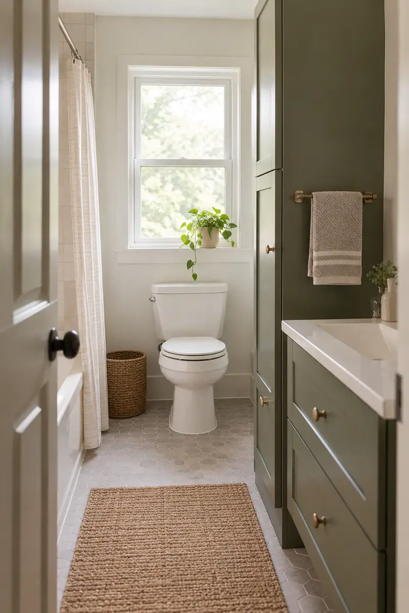 Small bathroom with a short towel rail secured to outer side of a tall cabinet, single hand towel, clear passage and door access.