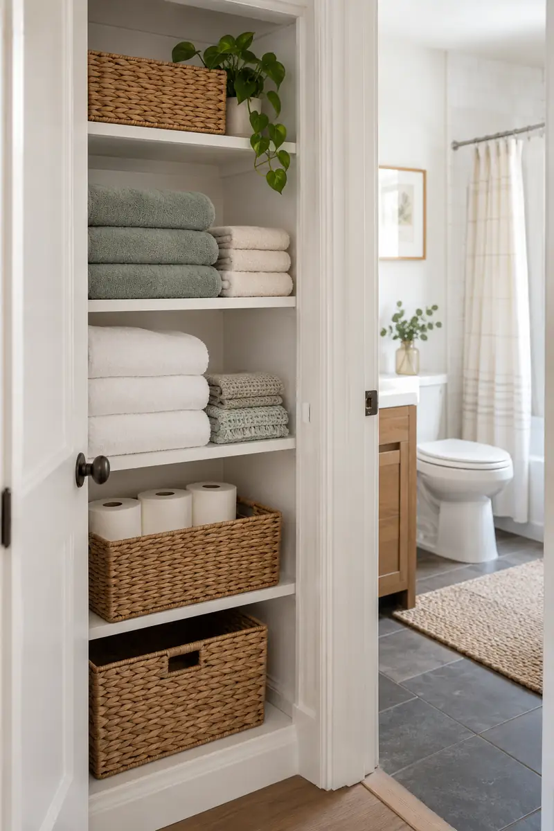 Open shallow hallway linen cupboard directly outside bathroom, folded bath towels and toilet rolls on separate shelves.
