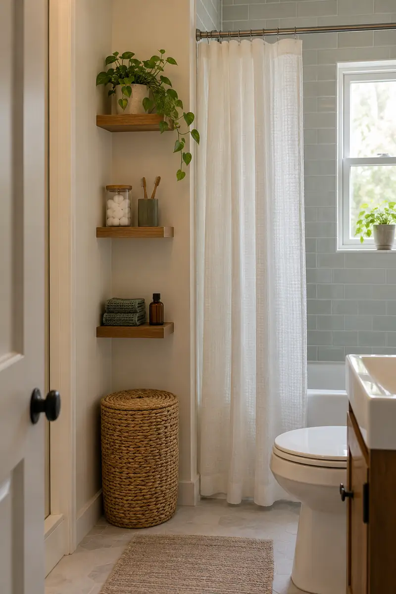 Small bathroom with a single vertical column of three narrow wall shelves between doorway and a dry corner, modest toiletries.