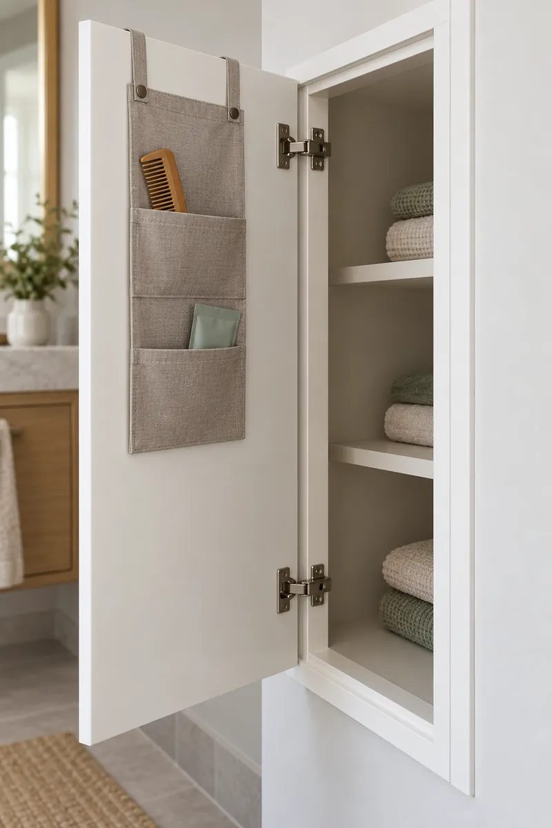 Short washable hanging pocket organizer on dry inside bathroom cupboard door, holding lightweight combs and small toiletries, unobstructed closure.