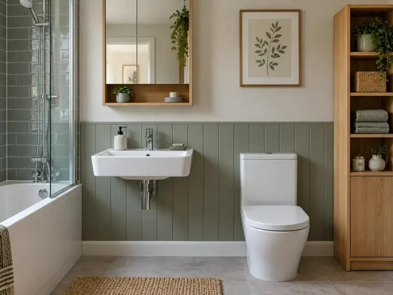 Small bathroom with a mirror cabinet, slim wooden storage tower and clear floor space.
