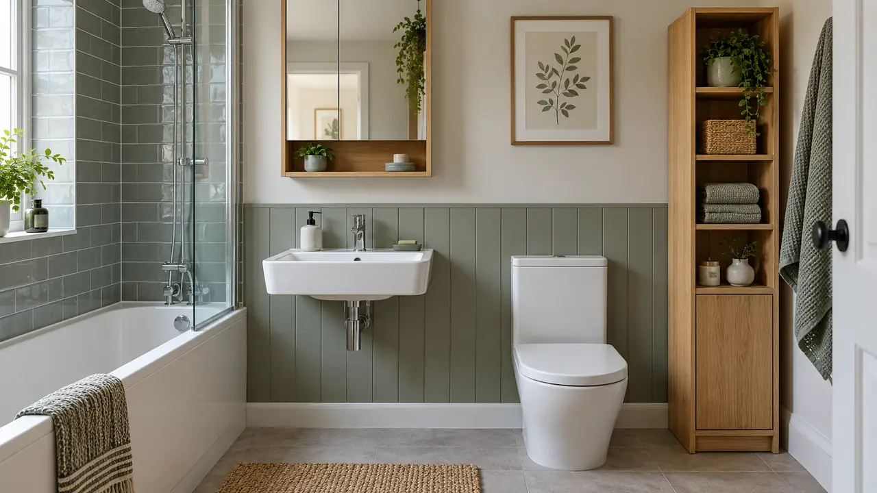 Small bathroom with a mirror cabinet, slim wooden storage tower and clear floor space.