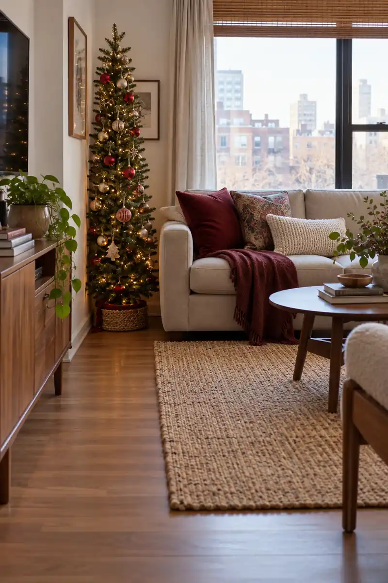 Tiny living room with a slender christmas tree beside an oatmeal sofa and generous clear foreground floor