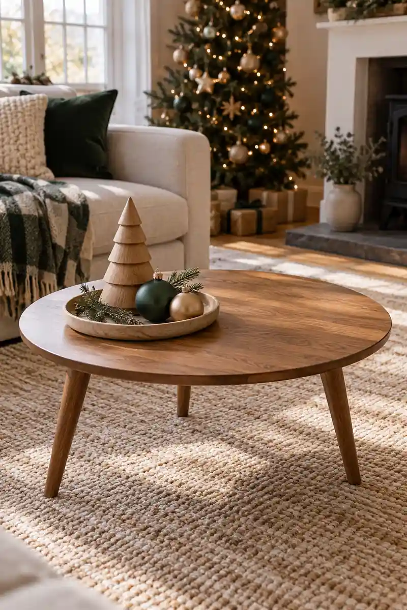 Small wooden coffee table with a single tray containing a wooden christmas tree and two matte ornaments, other half bare