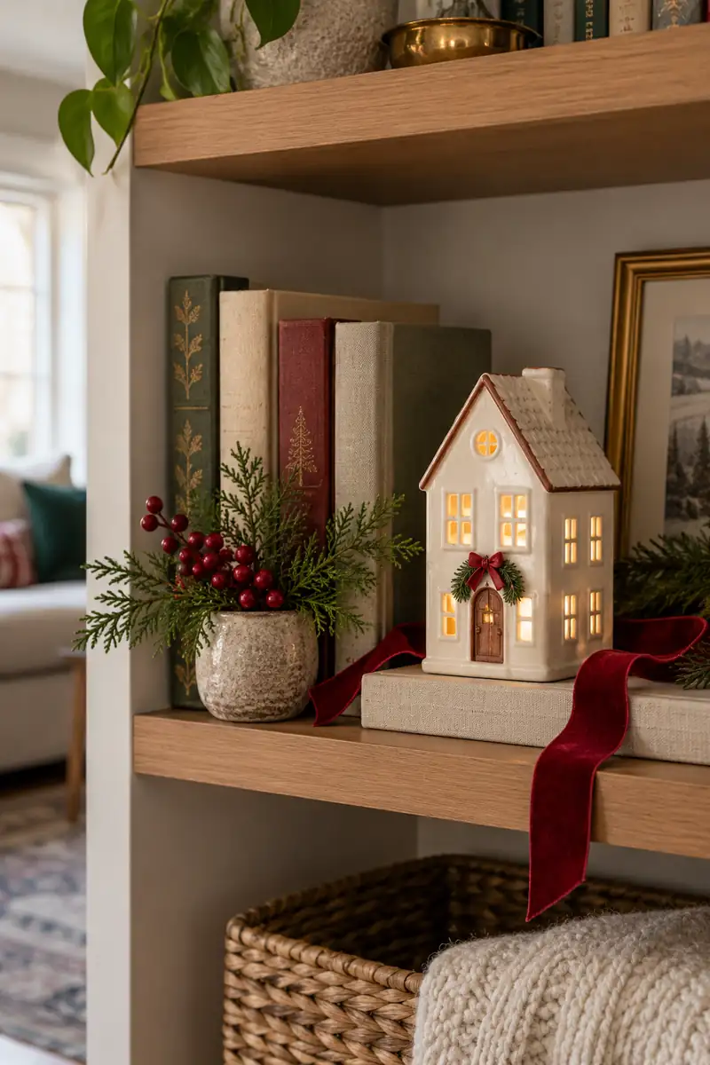 Apartment bookcase with only one shelf styled with a ceramic christmas house and cranberry ribbon beside books