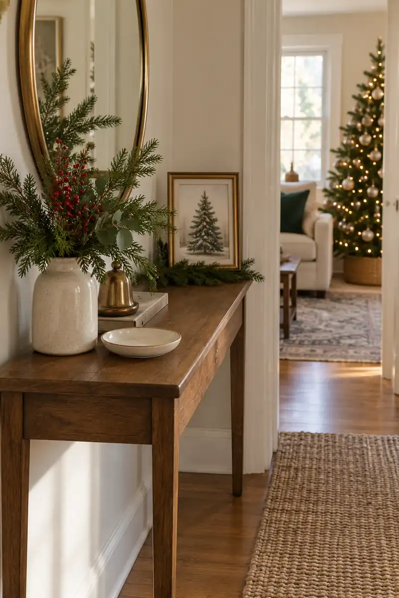 Narrow entry console with small framed christmas tree print at back, empty key dish and clear front edge