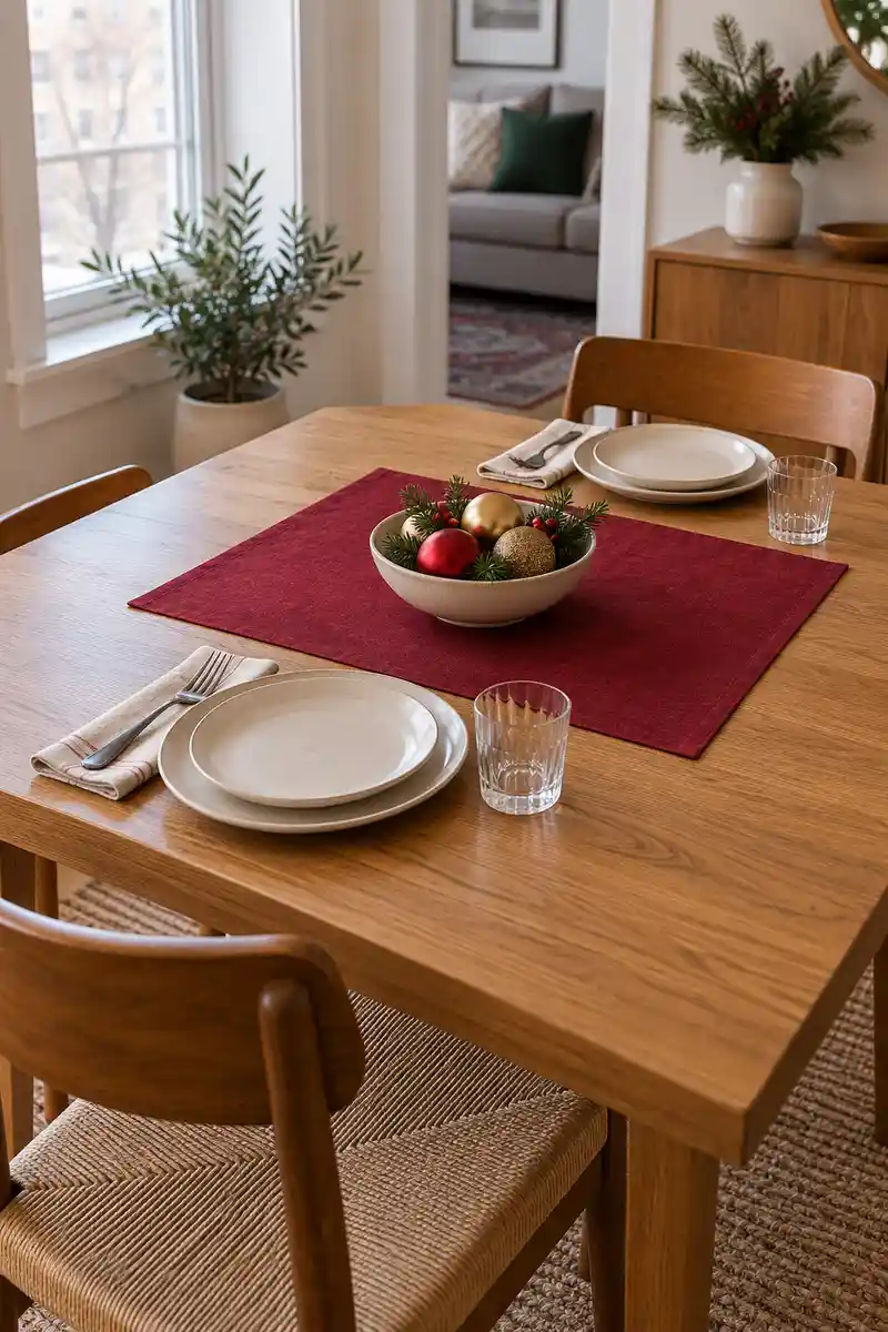 Small apartment dining table with short cranberry runner and low ornament bowl, clear place settings