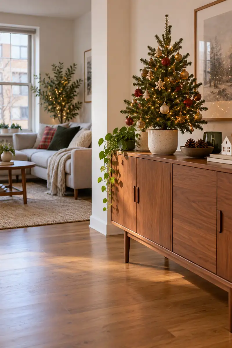 Compact apartment sideboard holding a small tabletop christmas tree in a ceramic pot with abundant free floor space
