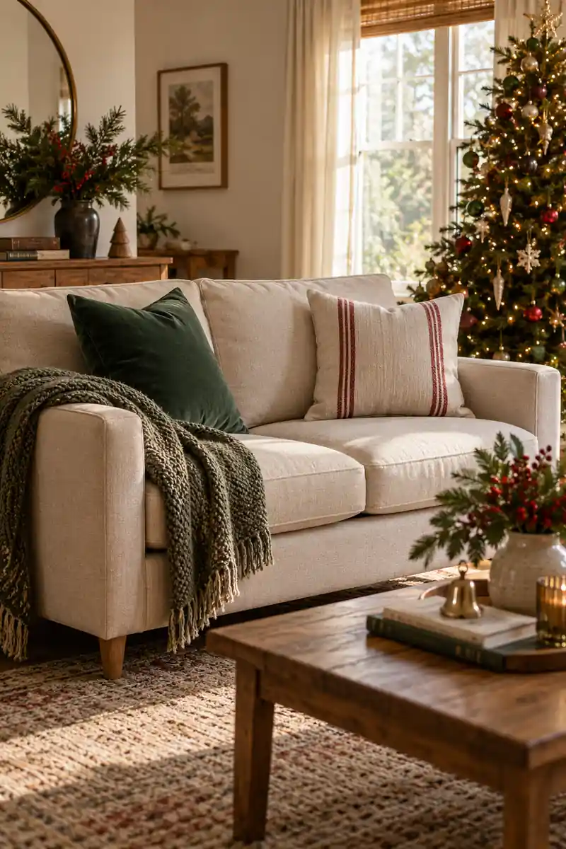 Small oatmeal sofa with two cushions in deep green and subtle cranberry stripe, folded throw and open seats
