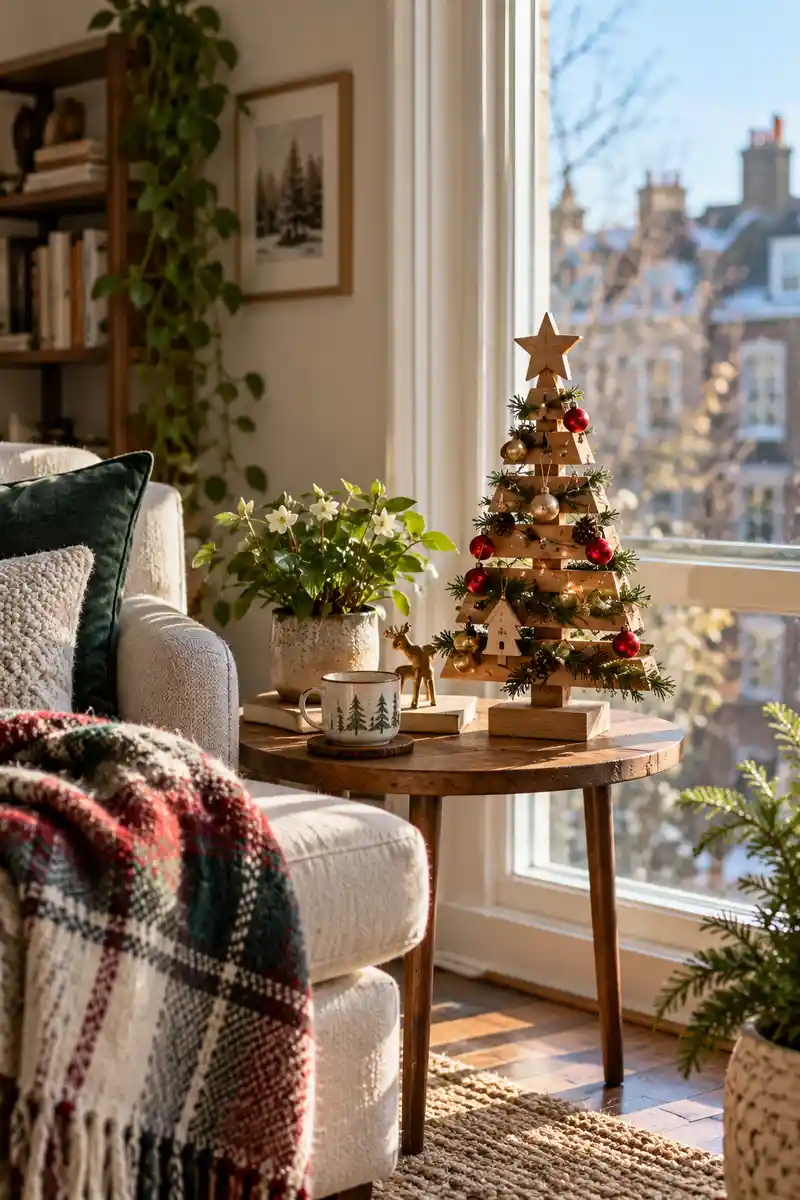 Sunlit apartment window with clear glass and a small wooden christmas tree on side table beside it