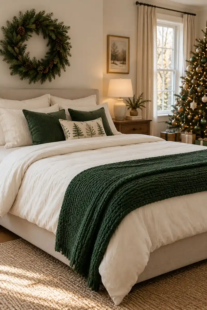 Studio bed with plain ivory bedding and evergreen throw neatly folded across foot, empty bedside floor