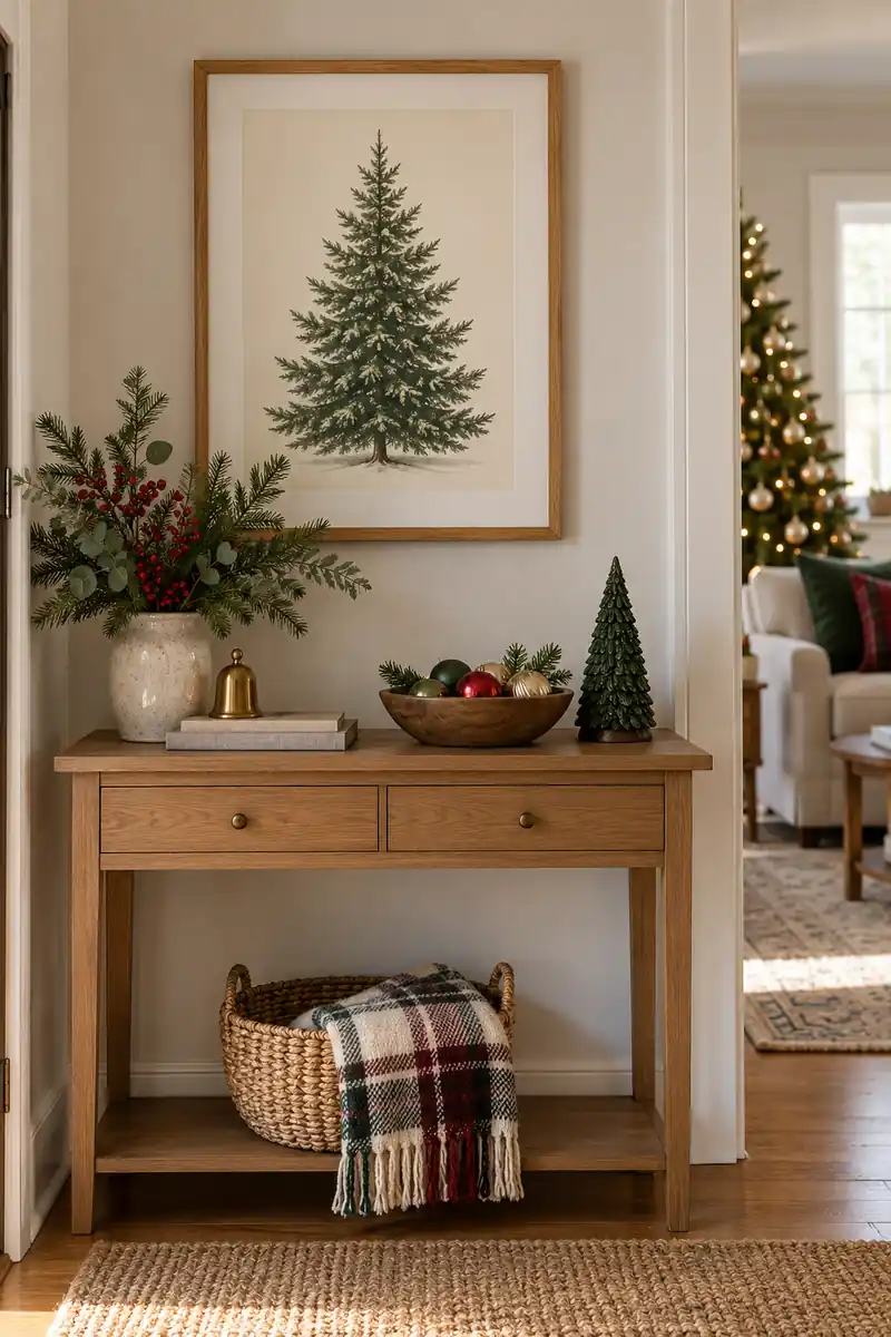 Existing oak wall frame containing a simple evergreen christmas tree illustration above a small apartment console