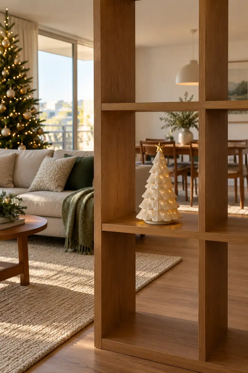 Open apartment room divider with a single ceramic christmas tree in one cubby, surrounding openings empty