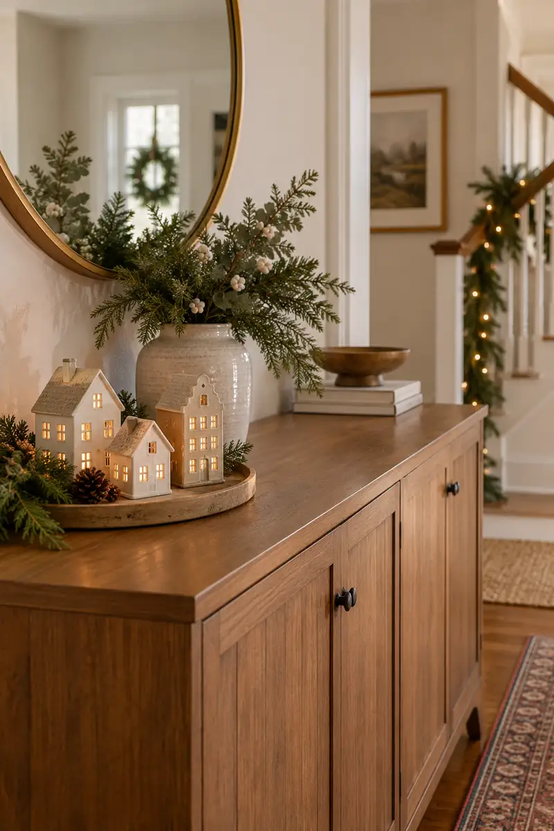 Small sideboard with three miniature christmas houses on a shallow wooden board at one end and clear center