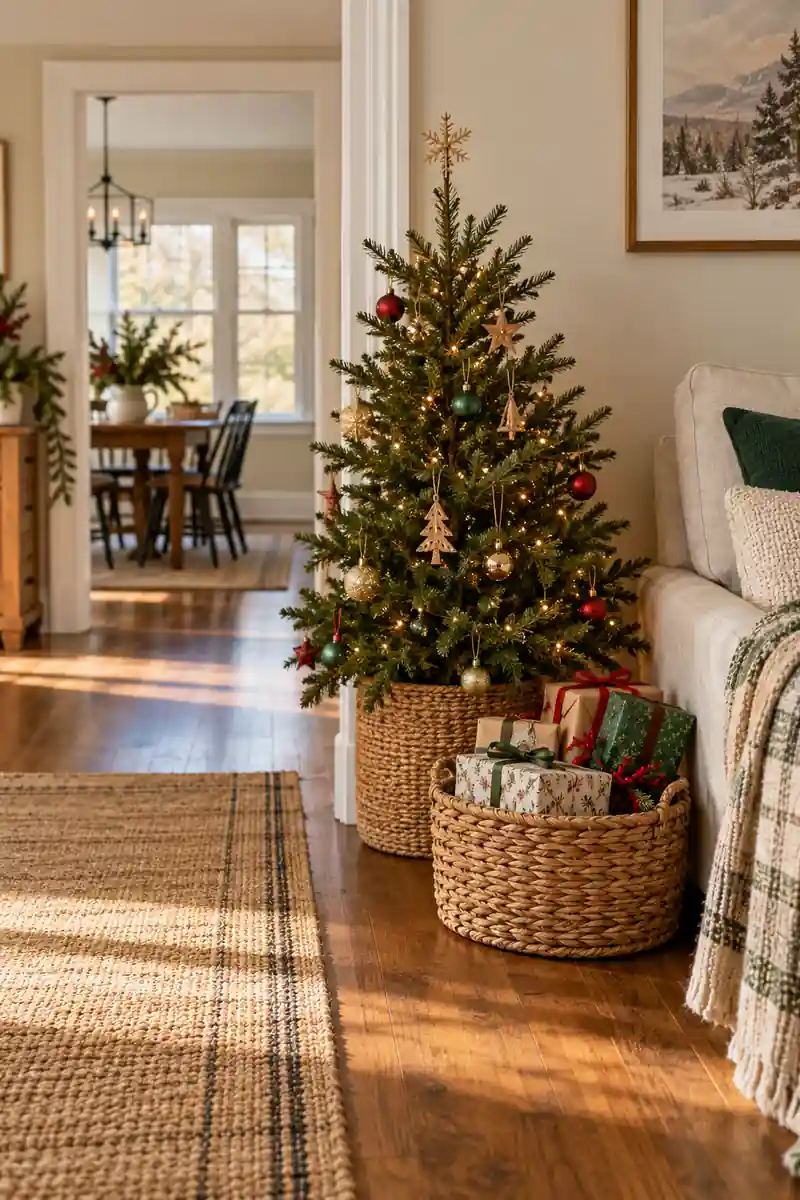 Small christmas tree with a single woven basket of neatly wrapped gifts tucked beside it outside clear walking route
