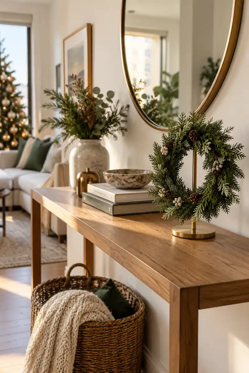 Small natural green christmas wreath on a simple stand at one end of a clear apartment console