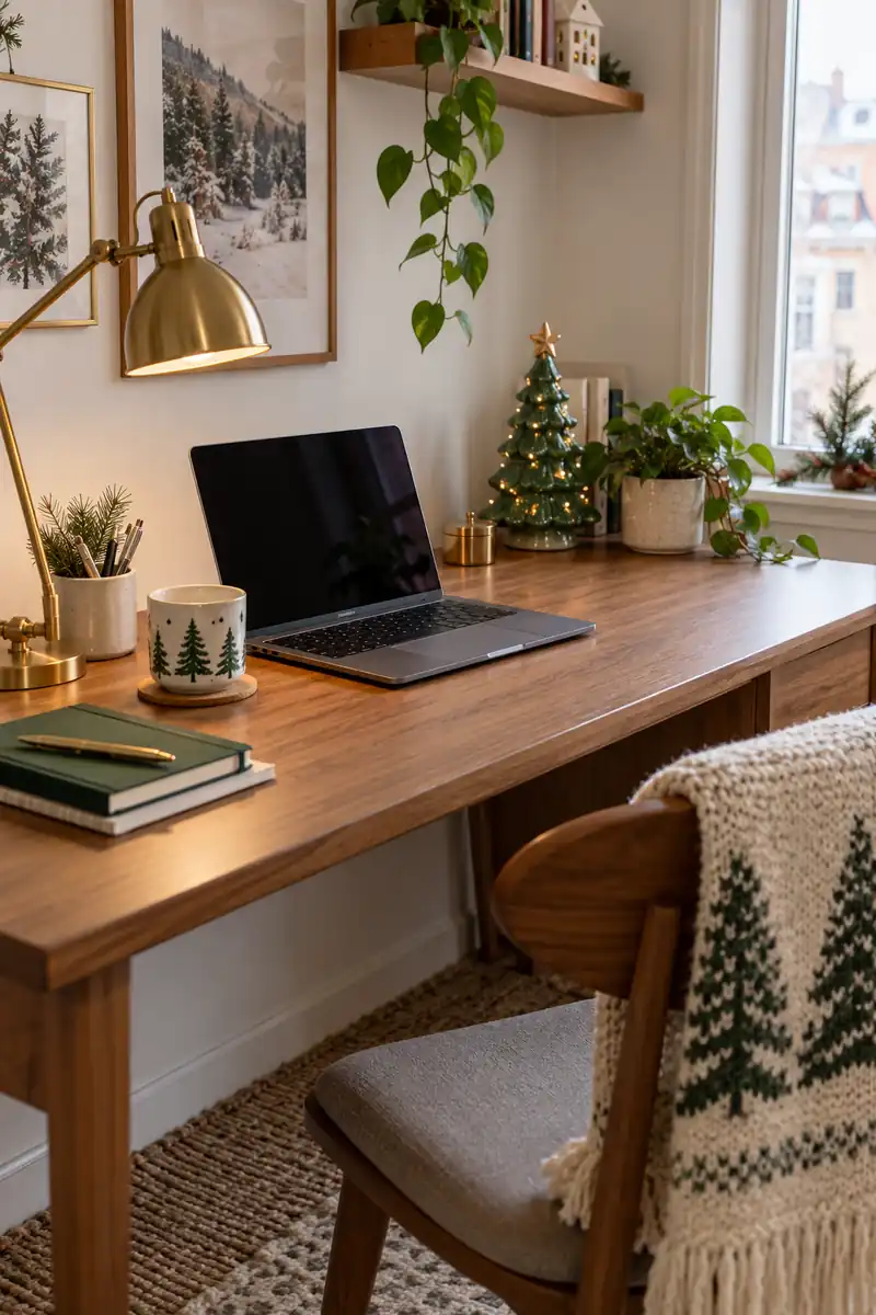 Compact apartment desk with laptop and task lamp, tiny ceramic christmas tree in rear corner and clear work area