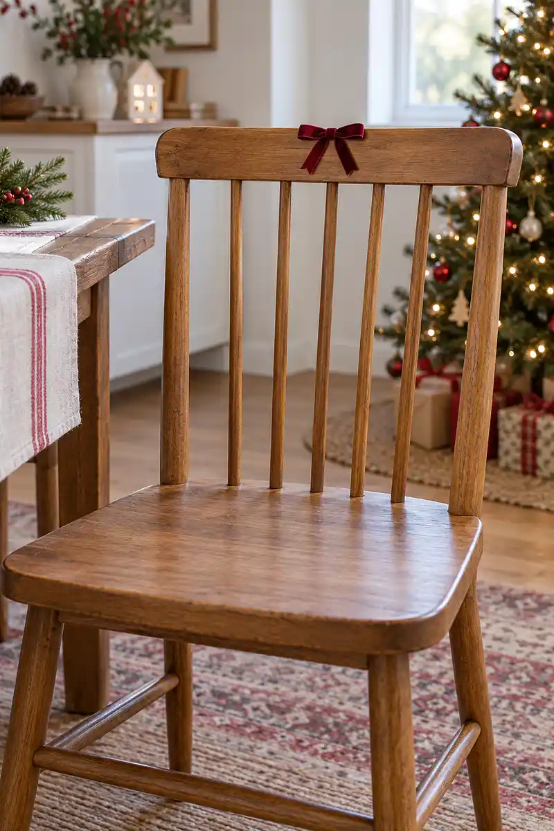 Small dining chair with short burgundy ribbon bow on upper back, ribbon ends well above seat