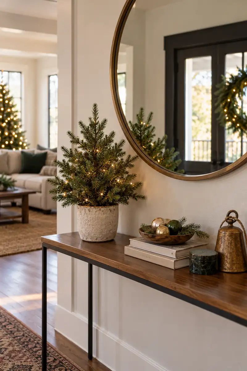 Round apartment mirror with a compact pot of faux evergreen beside it on a narrow console