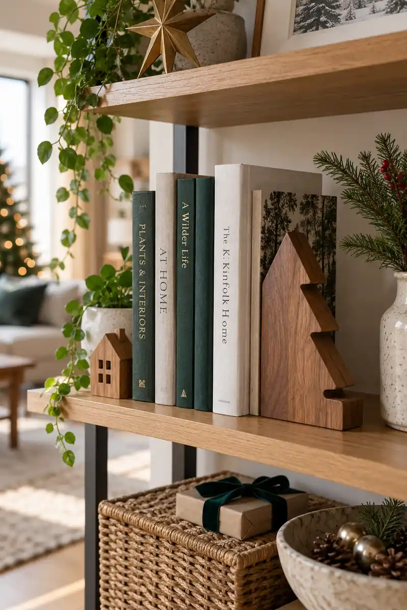 Books on apartment shelf supported by a sturdy tree shaped wooden bookend, tidy minimal styling
