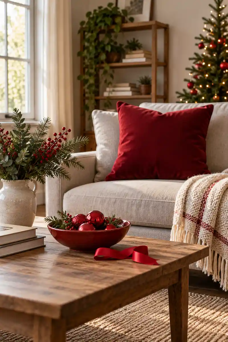 Small studio with cranberry cushion, a little red ornament bowl and short red ribbon as three restrained christmas accents