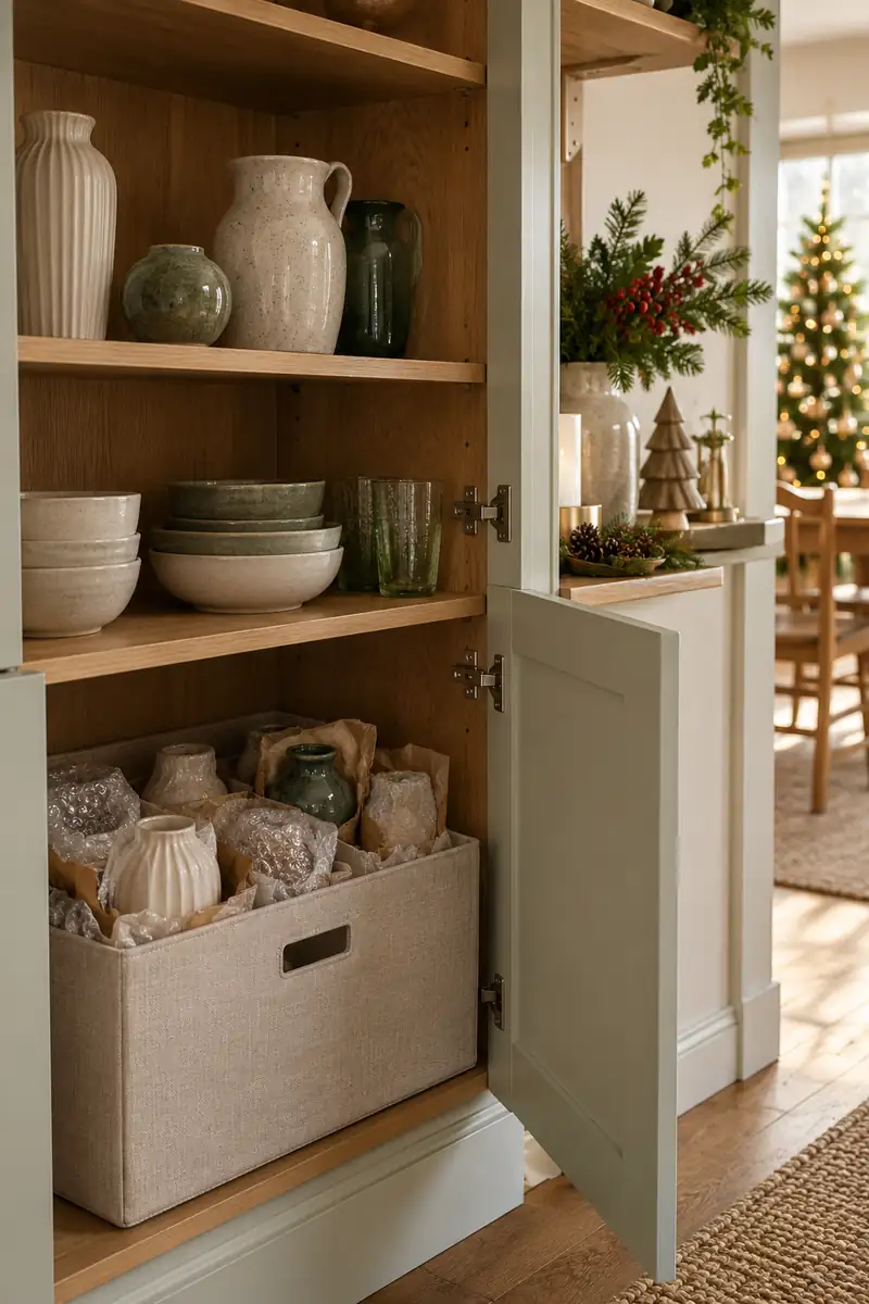 Open cupboard with a neat storage box containing wrapped everyday vases, modest christmas display on adjacent clear shelf