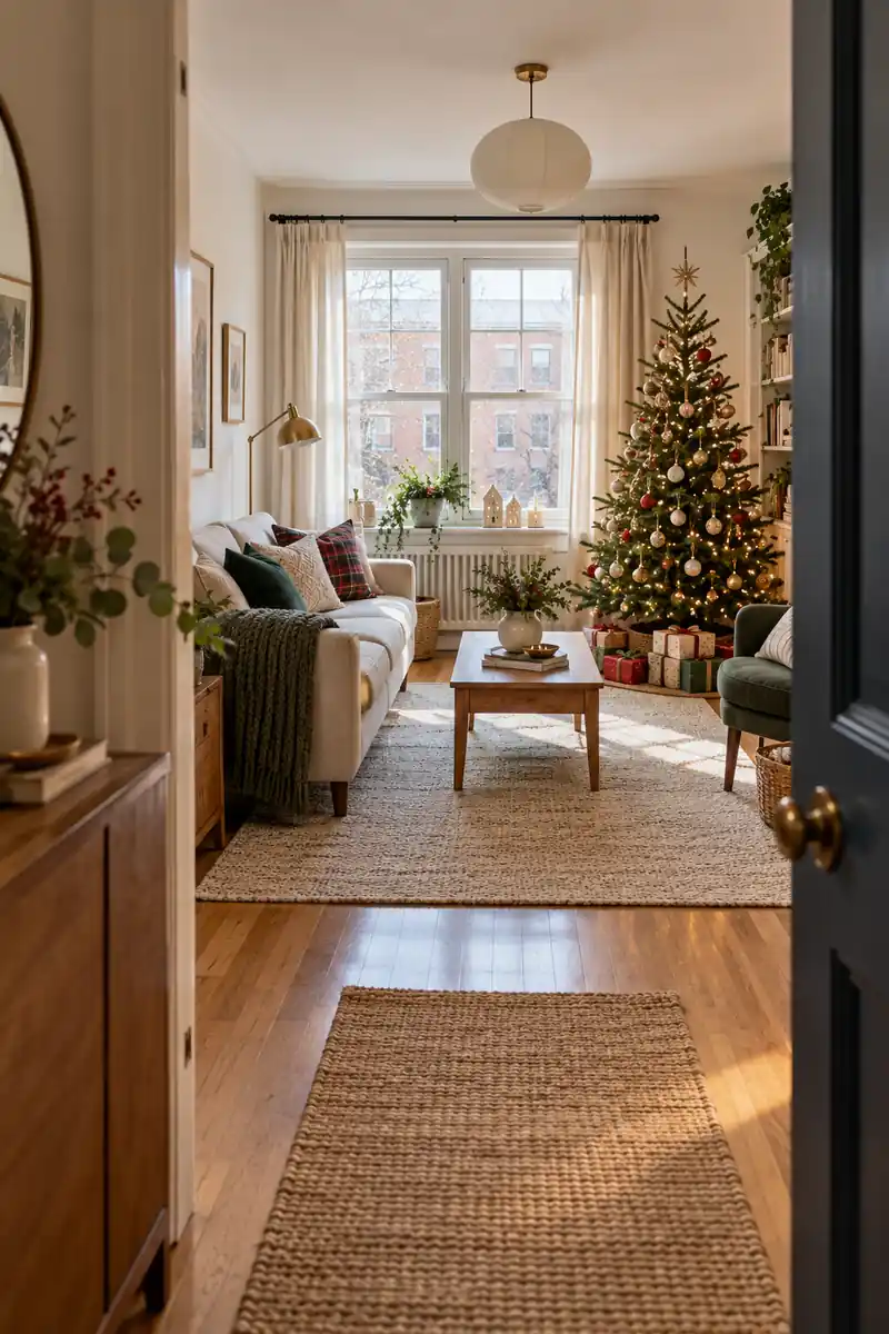 Wide doorway view of tidy small apartment christmas decor with slender tree, simple sofa and broad clear walking route
