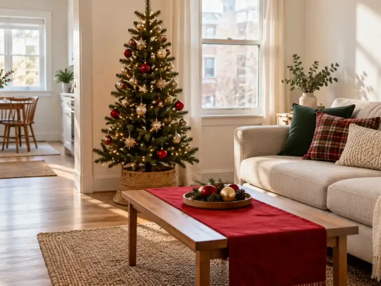 Uncluttered small apartment with a slim Christmas tree, cranberry accents and open floor space
