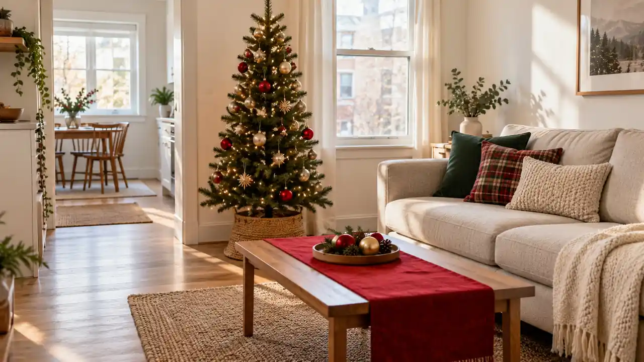 Uncluttered small apartment with a slim Christmas tree, cranberry accents and open floor space