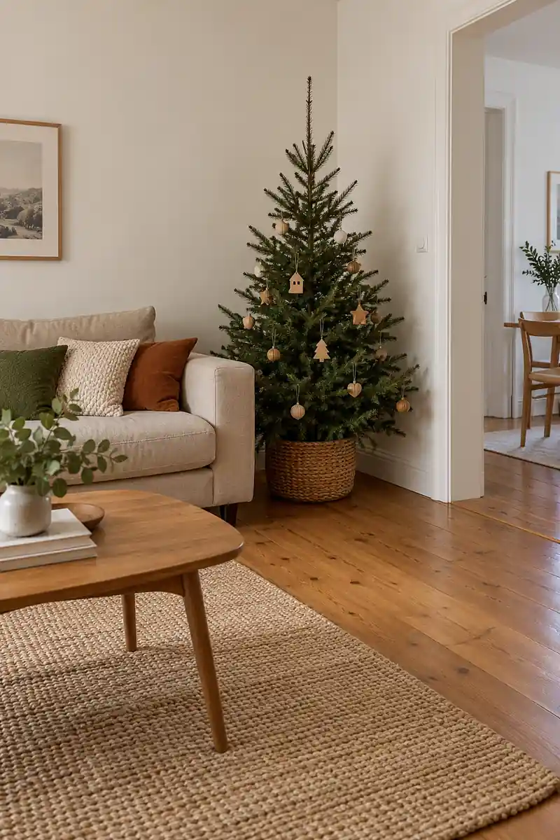 Slim Christmas tree beside a beige apartment sofa