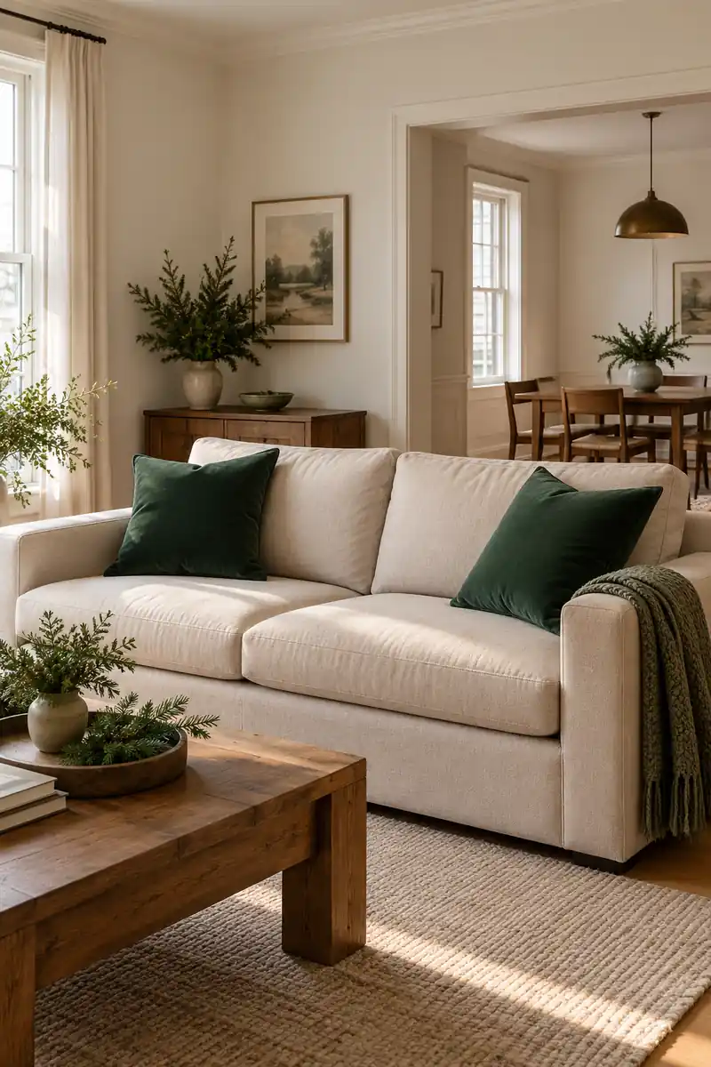 Green pillow covers on a compact beige sofa