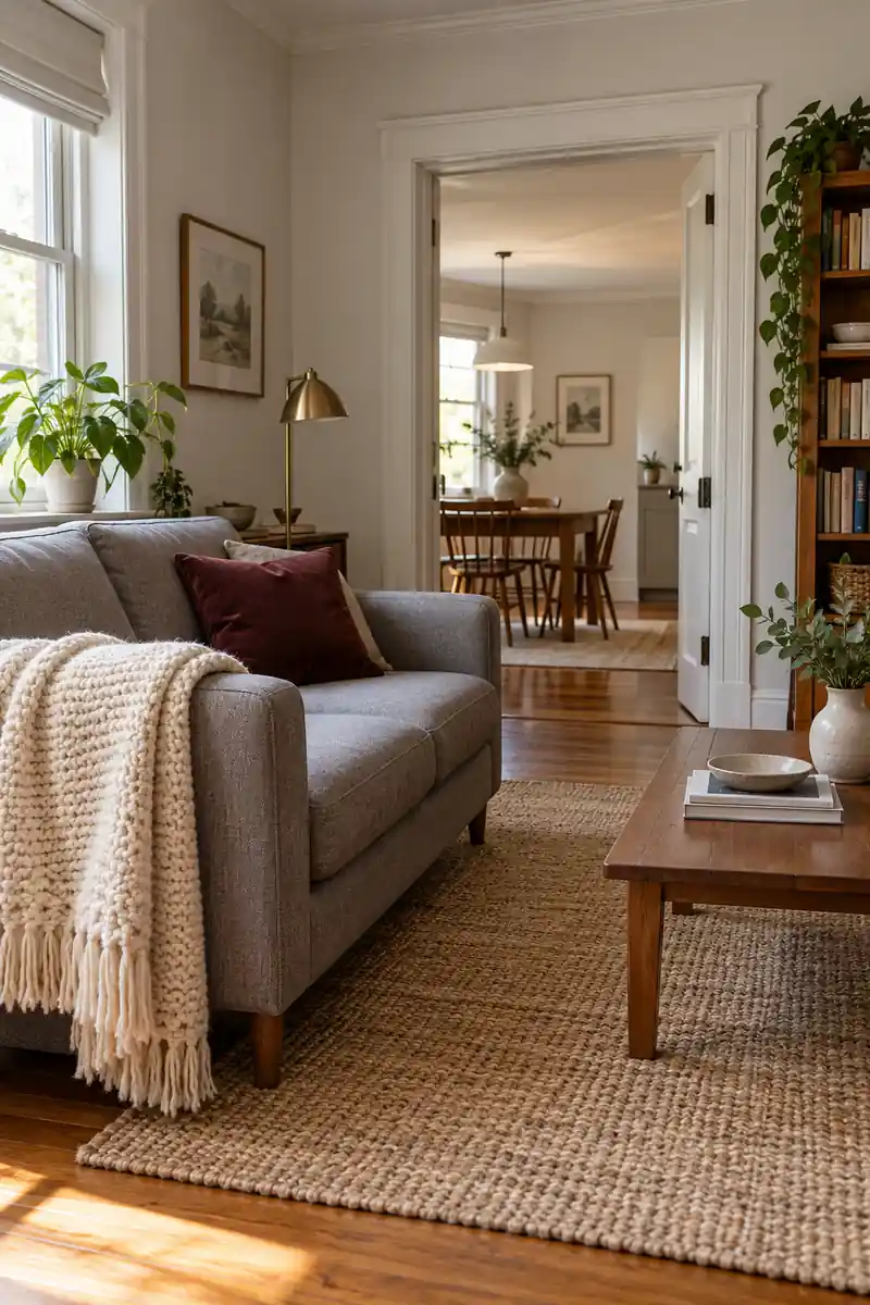 Cream knit throw folded over a sofa arm
