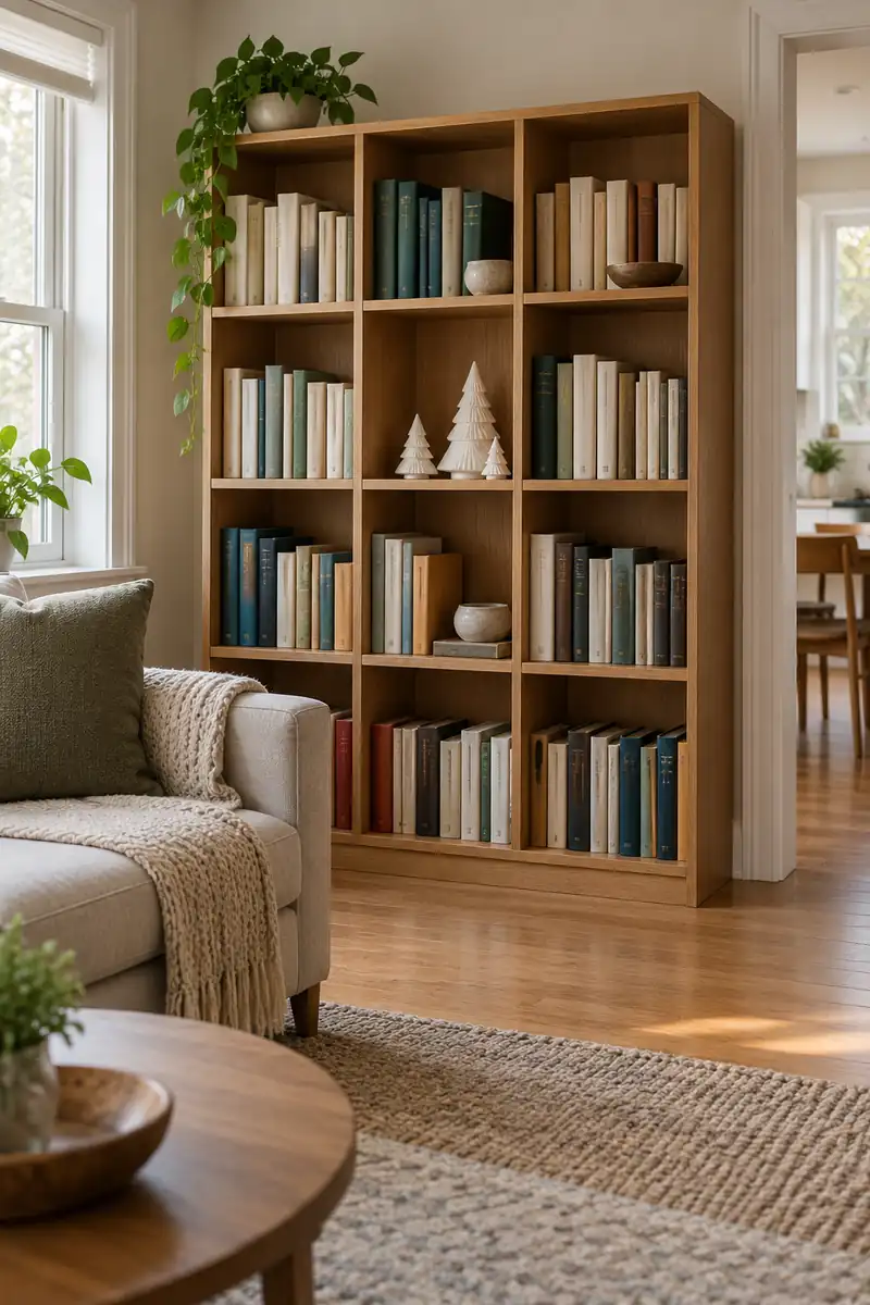 White ceramic fir trees grouped in one bookcase cubby