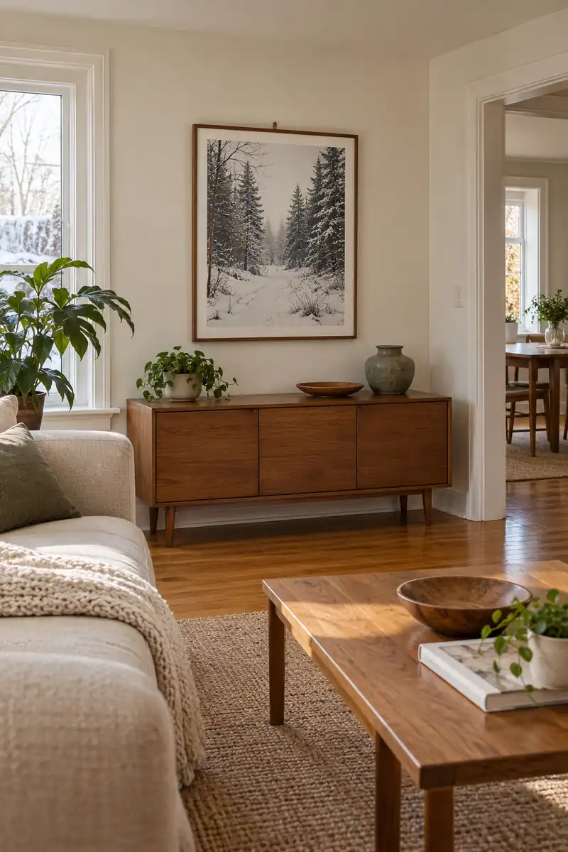 Winter woodland print above a living room sideboard
