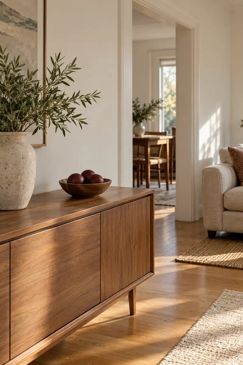 Burgundy ornaments in a bowl on a sideboard