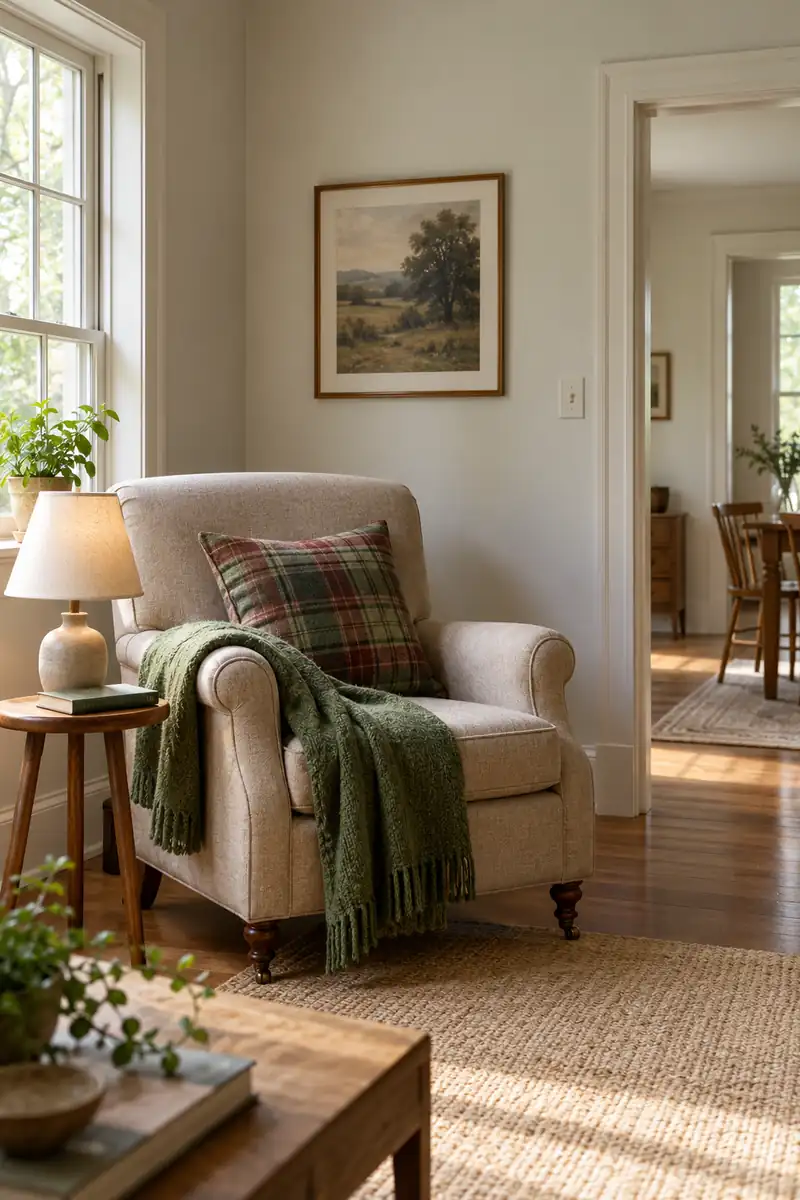 Green throw and tartan cushion on a reading chair
