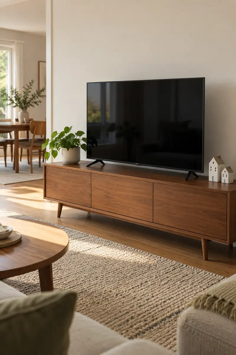 Small ceramic houses at one end of a TV console