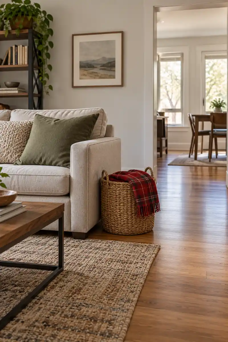 Red plaid blanket folded in a basket beside a sofa