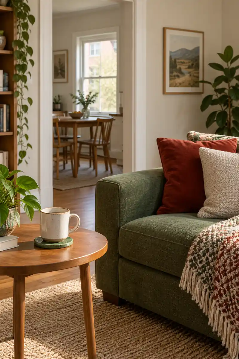 Green coaster and mug on a small side table